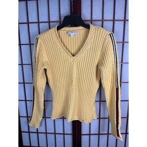 Vintage yellow Tommy Hilfiger ribbed V-neck sweater with striped sleeves Size M
